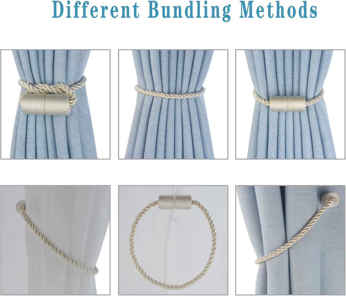 Magnetic Curtain Tiebacks 4 Pack Beige Curtain Rope Tieback Curtain Holders for Drapes Modern Tie Backs Decorative Curtain Holdbacks