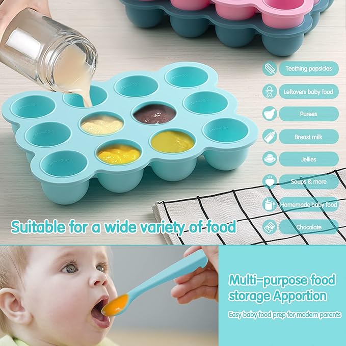 12x1.5oz Baby Food Freezer Tray with Clip Lid Light Green | Food Grade Silicone Storage Containers for Purees & Vegetables