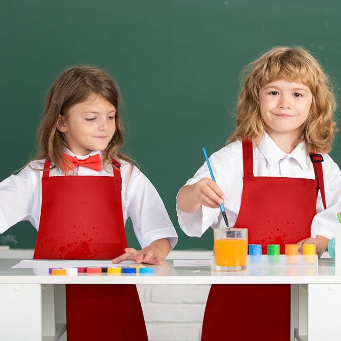 PLULON 12 Pcs Aprons for Kids Adjustable Kids Red Apron Bulk with Pocket Painting Aprons For Boys Girls Painting Cooking Baking (Red)