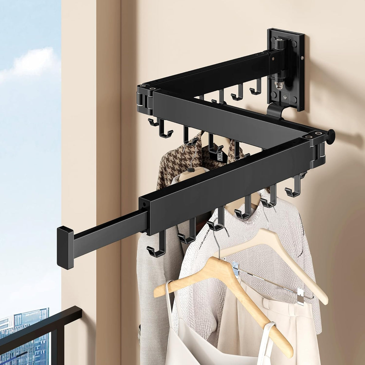 Wall Mounted Collapsible Clothes Drying Rack, Space-Saving Laundry Drying Rack Clothing Hanger, Durable Foldable Design Extends Left, Right & Up for Upgraded Versatility