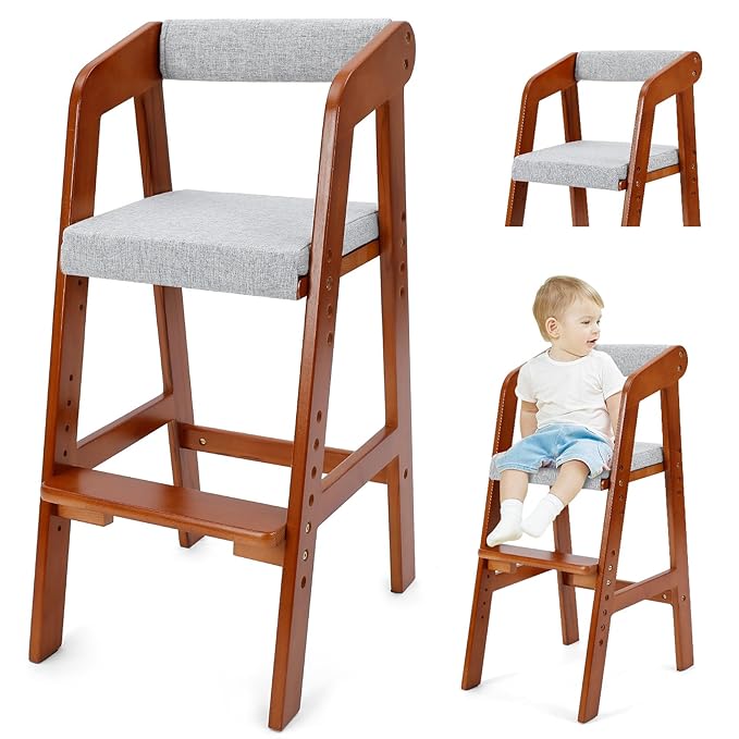 Wooden High Chair for Toddlers, Adjustable Dining Feeding Chair with Removable Cushion for Child, High Chair Grows with Your Kid with Steps for Kids Dining, Studying, Step Tool(Nut-Brown)