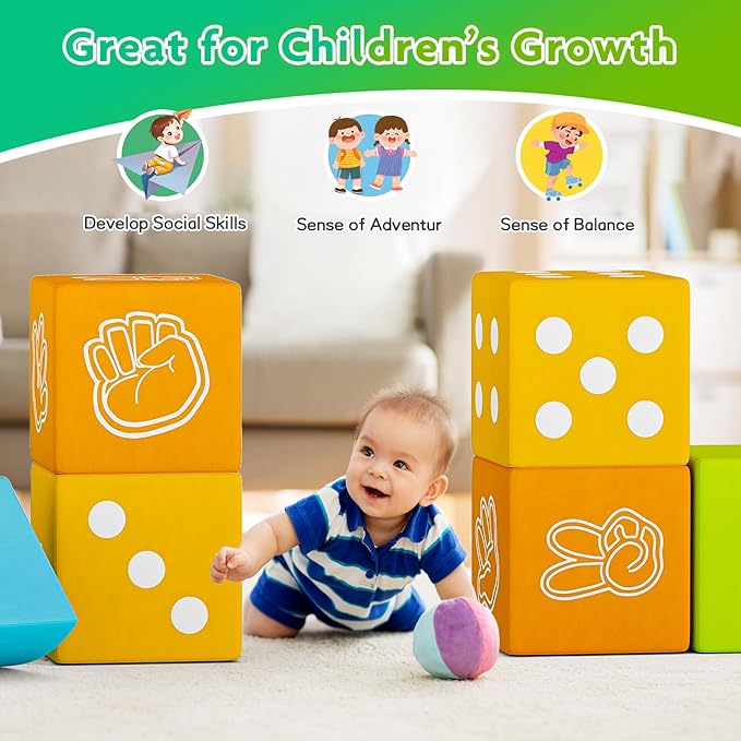 UMOMO Multi Form Combination Transformation 6 PCS Foam Climbing Blocks Gift for Children, Dice & Rock-Paper-Scissors Mode, Colorful Modular Climb Activity Play Set Toy for Toddlers Preschool Playroom