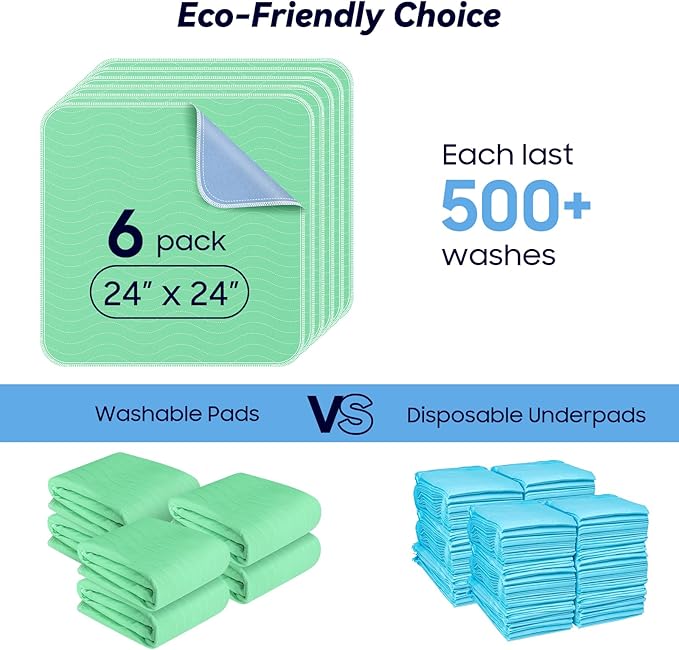6 Pack 24” x 24” Extra Heavy Absorbency Washable Underpads, Waterproof Nursing Pads Incontinence Bed Pads, Reusable Washable Pee Pads for Dogs, Diaper Changing & Adults, Washable Puppy Pads