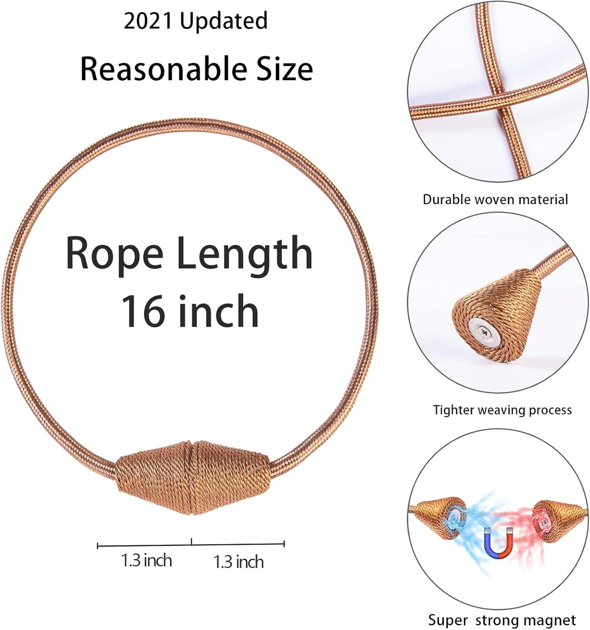 2 PCS Magnetic Curtain Tiebacks, European Style Convenient Drape Tie Backs Holdbacks for Thin or Thick Home & Office Window Draperies, No Tools Required（Light Coffee