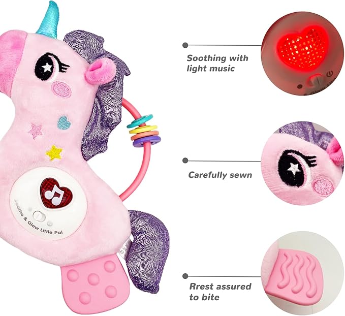 Baby Musical Activity Soft Toys with Sound & Light, Sensory Toys for Infant Developmental with Teether, Rattle and Textures, Soft Plush Toy for Newborn Gift 6 to 12 Months (Pink Unicorn)