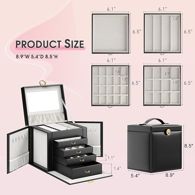 5-Layer Jewelry Box with 4 Drawers, Huge Portable Jewelry Organizer with Lock and Mirror for Women, for Necklace Ring Earring Bracelet Storage, Lockable Jewelry Case, Black
