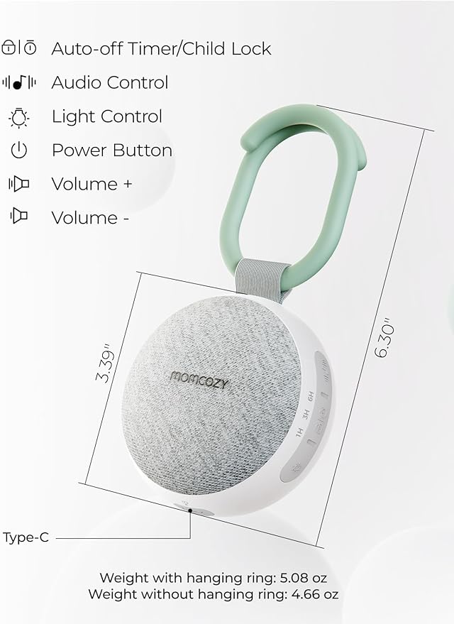 Momcozy Portable Sound Machine with Night Light, White Noise Sound Machine for Baby, 20 Soothing Sounds, Sound Therapy, Long-Lasting Power, Timer, Clips on Stroller, Baby Shower Gifts