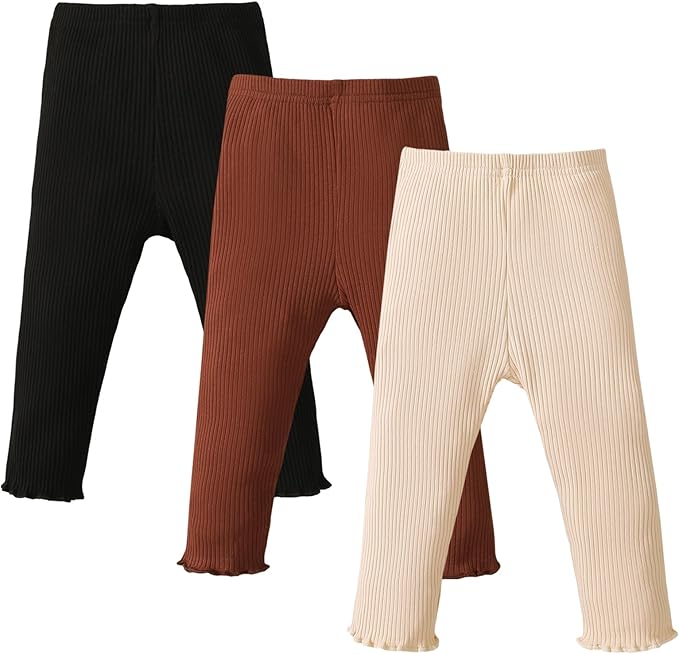SOBOWO Baby Girl Leggings Pants Toddler Girls Solid Ribbed Pants 3 Pack Ruffle Bottoms Trouser Fall Winter Clothes 9M-3T