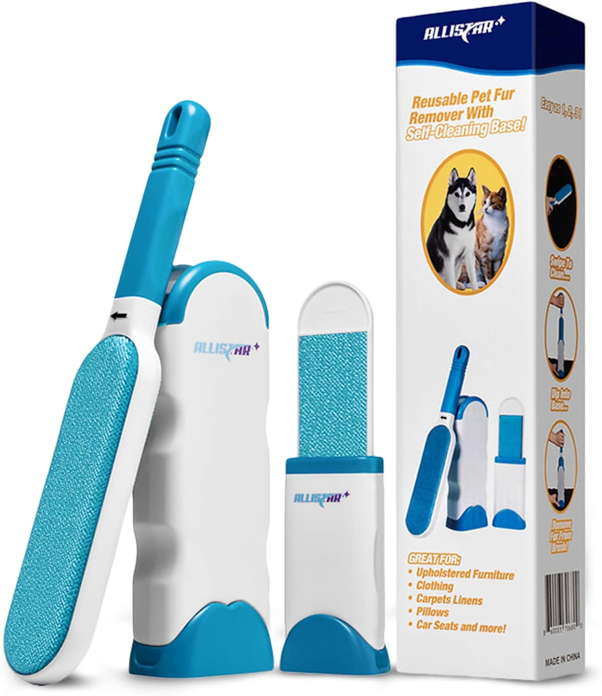 Lint Brush and Pet Hair Remover for Laundry, Clothes, Couches, Car Seats, Furniture and Fabric. Reusable Dog and Cat Fur Wizard Hair Removal Brush. ALLISTAR (Sky Blue)