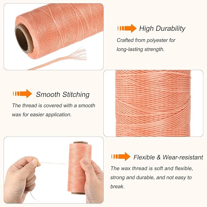 MECCANIXITY Waxed Thread,284 Yard 0.8mm 150D Flat Wax Thread Polyester Waxed String for Leather Sewing Hand Weaving Book Binding Home Decoration,Light Pink