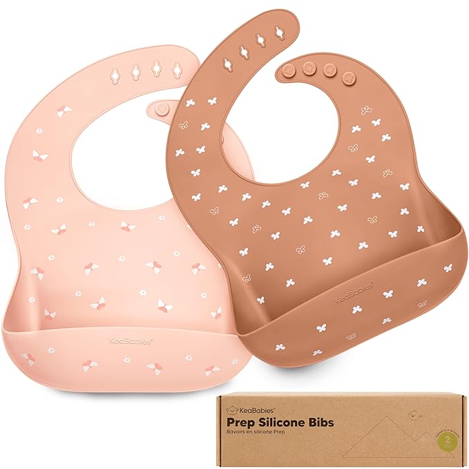 KeaBabies 2-Pack Silicone Baby Bibs for Eating - Sturdy Food-Grade Silicone Bibs for Babies Girl, Boy, Large Food Catcher, Clean & Put On Easily, Waterproof Toddler Feeding Essentials (Butterflies)