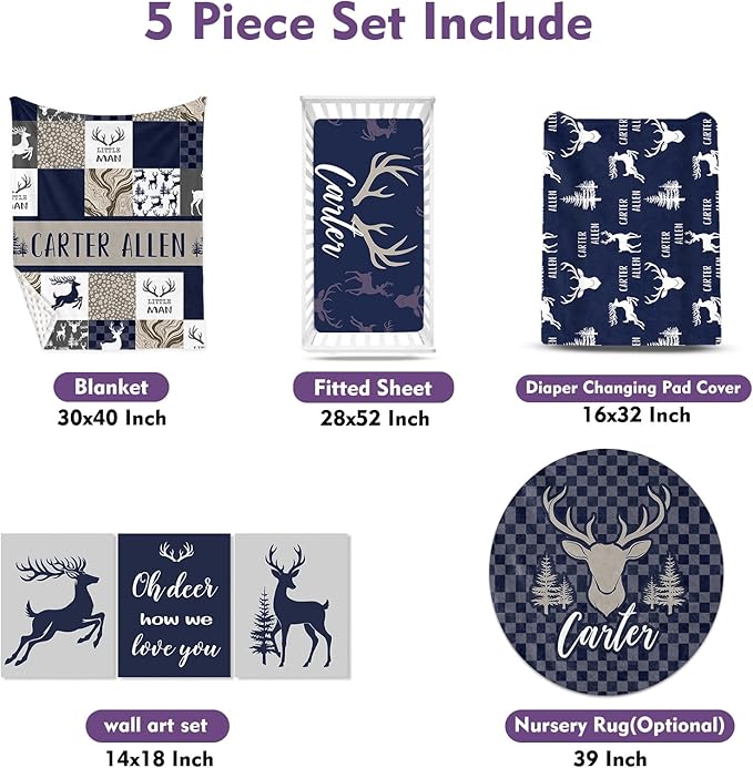 Personalized Baby Crib Bedding Set, 5-Piece Navy Deer Design Baby Crib Sets with Custom Name, Toddler Double Layer Blanket Fitted Sheets Changing Pad Cover Rug Wall Art Set, Charming Nursery Decor