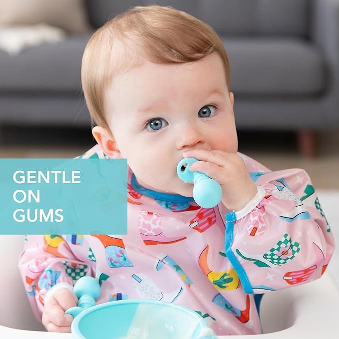 Bumkins Baby Utensils Set, Chewtensils Silicone Spoons for Dipping, Self-Feeding, Baby Led Weaning, Trainer Learning First Stage Eating, Soft Practice Fork and Spoon, Babies 6 Months, Blue