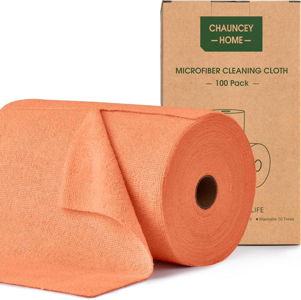 Roll of Microfiber Cleaning Cloth –100 Pack, Tear Away Microfiber Towels, Reusable, Washable, Scratch-Free, Cleaning Supplies,Kitchen Towels for Car, Home, Kitchen, Dishes(Honey Orange)