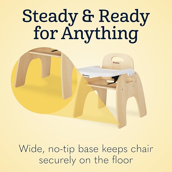 Foundations Easy Serve 9" Wood Feeding Chair for Toddlers, Adjustable Harness, Removable Dishwasher Safe Tray, “No Tip” Base, Baltic Birch Plywood