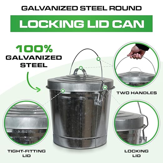 Plexon 6 Gallon Small Metal Trash Can with Locking Lid Galvanized Metal Bucket for Poultry Feed Bird Seed Storage Ash Outside Garbage Can with Lid, 3 Pack