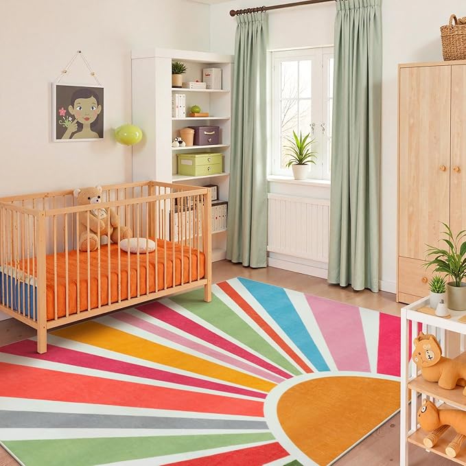 STARUIA Boho Machine Washable 6x9 Area Rugs for Living Room, Soft Non-Slip Large Sun Rainbow Nursery Kids Rug for Bedroom, Colorful Throw Rug Carpet for Classroom Office Dining Room(Color,6'x9')