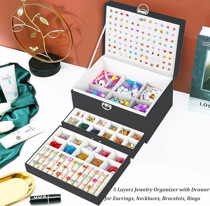 Earring Jewelry Box for Women Girls Stud Organizer, 5 Layers Black Jewelry Organizer Box With Lock Earring Holder Organizer Ring and Necklace Jewelry Box with Earrings Holder for Women Girls