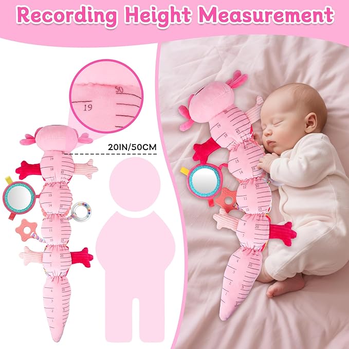 Baby Girls Toys 0-6 6-12 Months,Sensory Axolotl Caterpillar Toys Baby Rattles Musical Tummy Time Toys for 0 3 6 9 12 Months Stuffed Plush with Crinkle, Mirror,Teether for Infant Newborn Shower Gifts