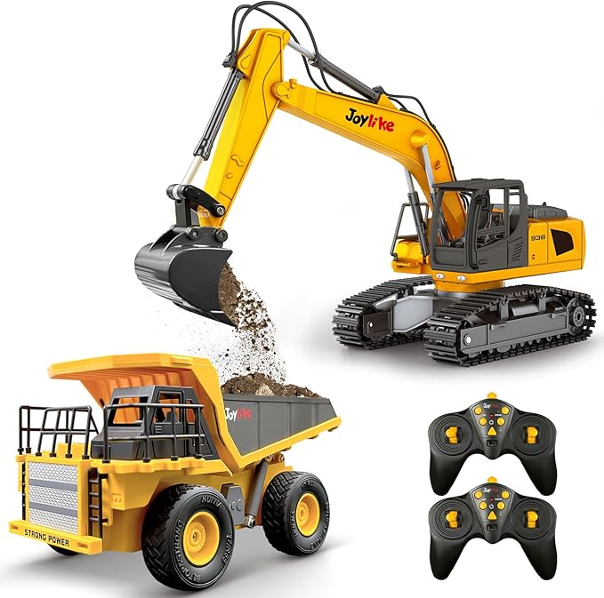 RC Excavator and Dump Truck Toy Set，2.4Ghz Metal Remote Control Construction Vehicle with Light&Sound, Best Christmas Toy for Boys 8+Year Old Kid