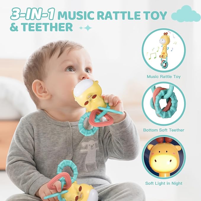 Orzbow Giraffe Teether Toy, Baby Teething Toys & Rattle Ligh-Up, Musical Baby Toy 3-6-12-18 Months, Easy to Grip Sensory Toys for Toddlers Bpa-Free, Boy Gir Birthdays Gift