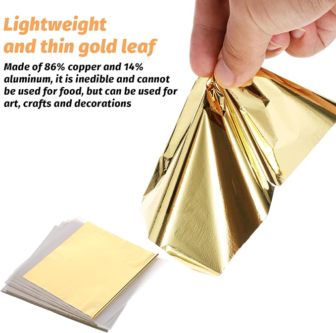 100 Pcs 5.5" X 5.5" Gold Leaf Sheets for Art Foil Paper, Gold & Silver Foils Sheets, Foil Paper Art Foils Sheet for Resin Gilding Crafting Nails Furniture Home Decor with Tweezer & Brush