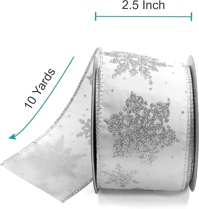 CT CRAFT LLC White Satin with Silver Snowflake Wired Ribbon 2.5 Inch x 10 Yards for Christmas Home Decor Tree Topper Bow Gift Wrapping DIY Crafts Wreath Garland
