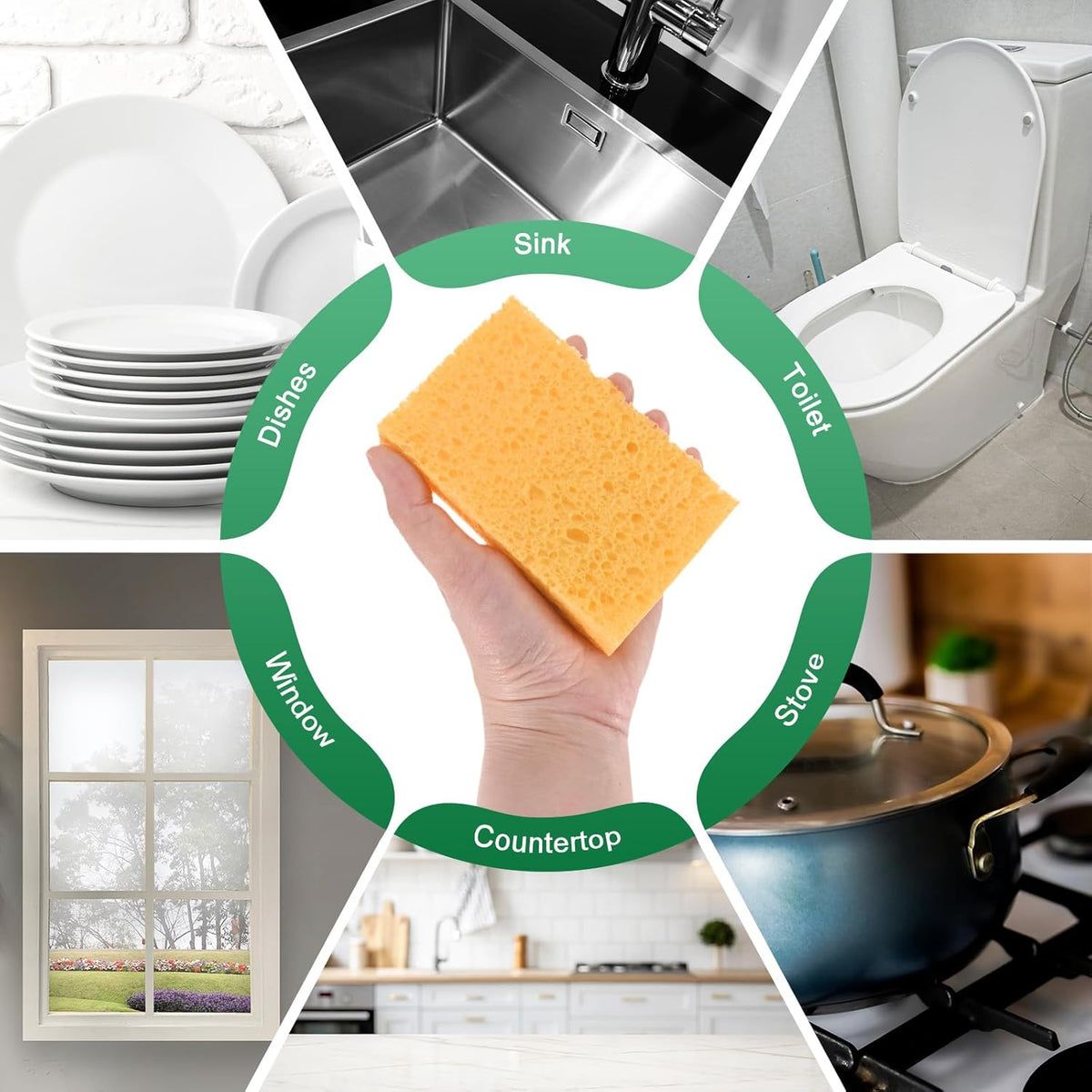 6-Pack Kitchen Sponges, Condense Eco Cellulose Non-Scratch Scrub Heavy Sponge for Kitchen/Household/Bathroom, Clean Tough Messes Dish Scrubber [Beige]