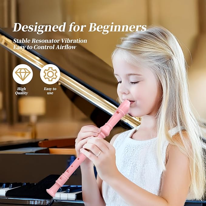 Soprano Recorder Instrument for Kids Beginners Student German Fingering C Key Recorder Instrument 3 Piece with Cleaning Rod and Bag Fingering Chart (Bright pink)