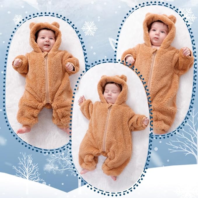 Newborn Baby Bear Outfit Suit Girls Boys Fleece Jumpsuit Romper Hooded Winter Snowsuit Clothes