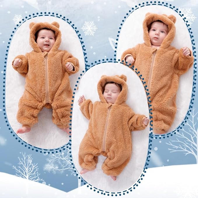 Newborn Baby Bear Outfit Suit Girls Boys Fleece Jumpsuit Romper Hooded Winter Snowsuit Clothes