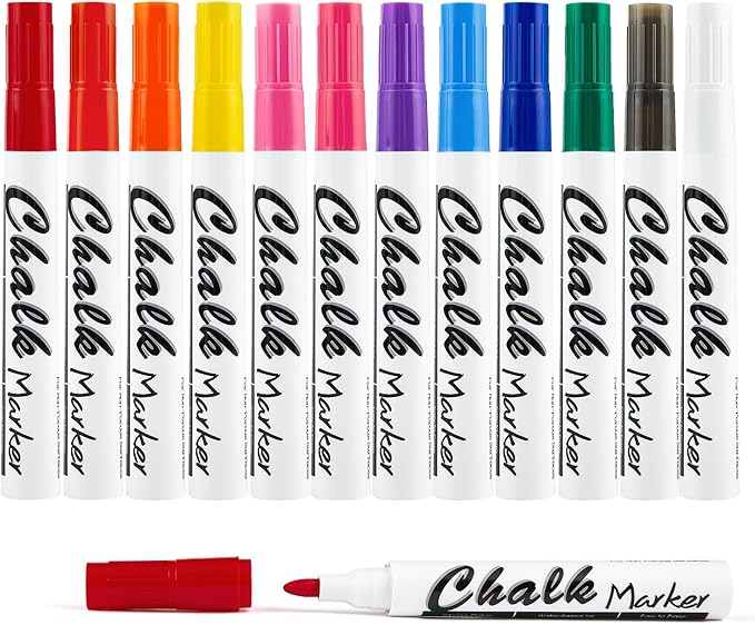 Volcanics 12 Pack Liquid Chalk Markers – 12 Bright Colors – Round Tip Wet Erase, Dust-Free, Non-Toxic, Kid-Safe Chalk Pens for Chalkboards, Glass, Windows, LED Signs