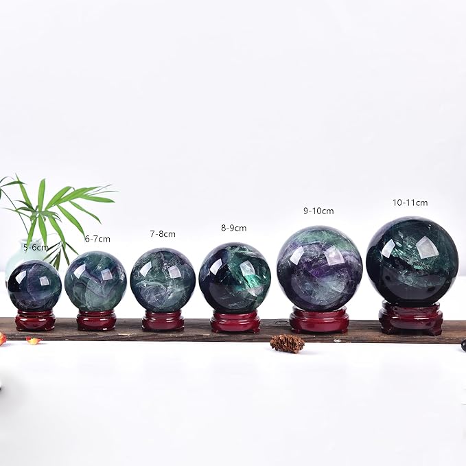 JIC Gem Colorful Fluorite Crystal Ball with Wooden Stand Healing Crystal Sphere Ball for Feng Shui Decor Spiritual Gifts 70-80mm