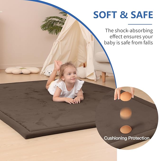 Baby Play Mat for Floor,1.3" Thick Memory foam Tummy Time Mat,Soft Coral Velvet Nursery Rug,Extra Large Non Slip Crawling Mat for Toddlers,Infants,kids,Yoga,Tatami Style for Living Room(Dark Brown)