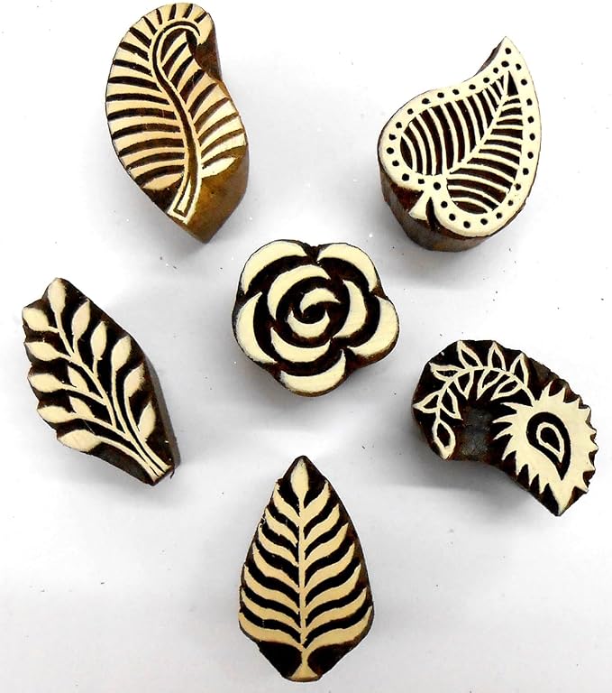 Craftsofindia® Flowers and Leaf Wooden Blocks Stamps for Printing on Textiles, Pottery Crafts,Henna, Scrapbooking (Set of 6)