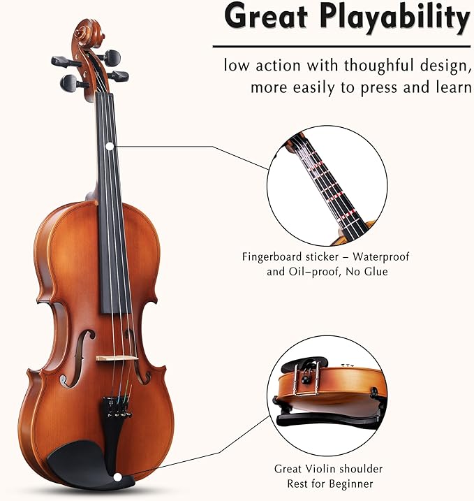 ADM 3/4 Size Wood Violin Set for Kids Teens Students Adults Beginner Acoustic Violin Matte Fiddle Starter Kit with Hard Case, Rosin, Shoulder Rest, Bow, Clip-on Tuner and Fingerboard Sticker