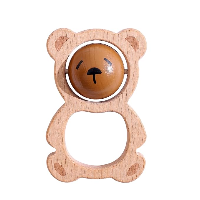 Wooden Baby Rattle Toys, Newborn Rattle Toys 0-12 Months Handmade Baby Clutching Toys | Natural Wooden Baby Teething Toys | Baby Shower/Birthday Gifts (Cute Bear Rattle)