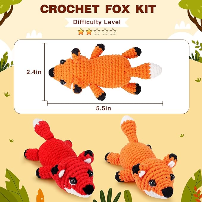 Crochet Kit for Beginners - 2 PCS Fox Crochet Kits with Step-by-Step Video Tutorials, Beginner Crochet Kit for Adults, Crochet Animal Kit for Kids, Crochet Fox Set (Orange & Red)