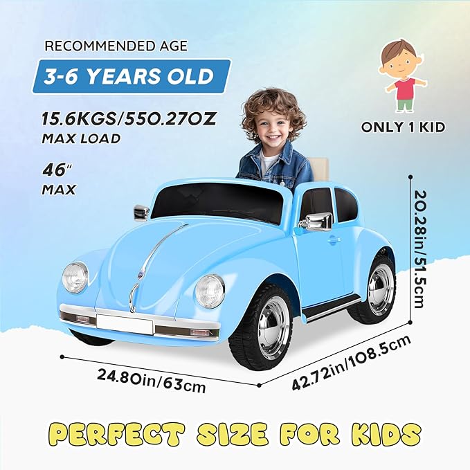 12V Kids Electric Car, Power Wheels with Remote Control, Ride on Car Toys with LED Light, 3 Speeds, Music, Blue