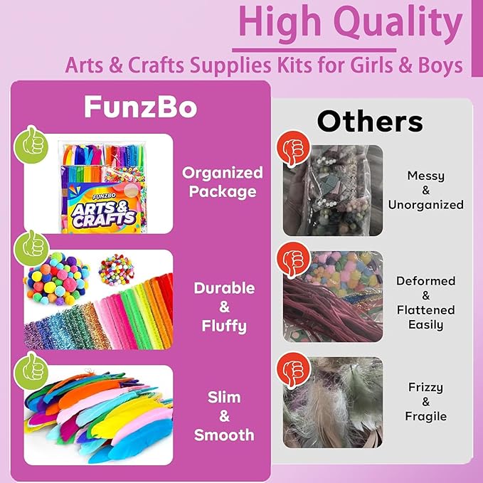 FUNZBO 1200pcs+ Arts & Crafts Supplies for Kids- Craft Kits with Pipe Cleaners, Pom Poms for Crafts, Popsicle Sticks for Craft, Craft for Kids Ages 4-8 Girls & Boys Birathday Gifts