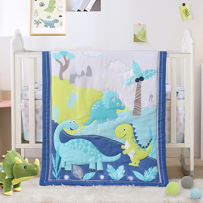 Wowelife Dinosaur Mini Crib Bedding Set for Boys Blue Premium 3-Piece Baby Bedding Sheet Set Dinosaurs Nursery Crib Set Crib Comforter Set Breathable and Soft for Baby