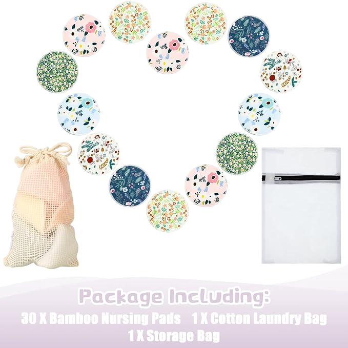 Sosation 30 Pcs Reusable Breast Pads Bamboo Nursing Pads with Wet and Laundry Bag Floral Nipple Favor Breastfeeding Mom Gift(Fresh Pattern)