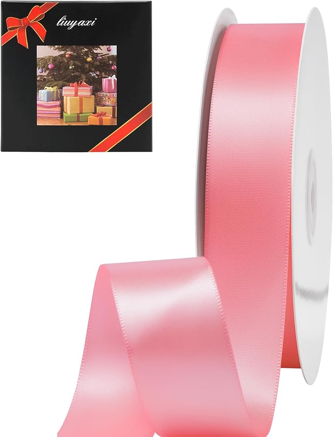 LIUYAXI Pink Stain Ribbon, 1" X Continuous 50 Yards, Double Faced Fabric Ribbon Perfect for Gift Wrapping Wedding Birthday Party Chair Sash Christmas Hair Floral Craft Sewing