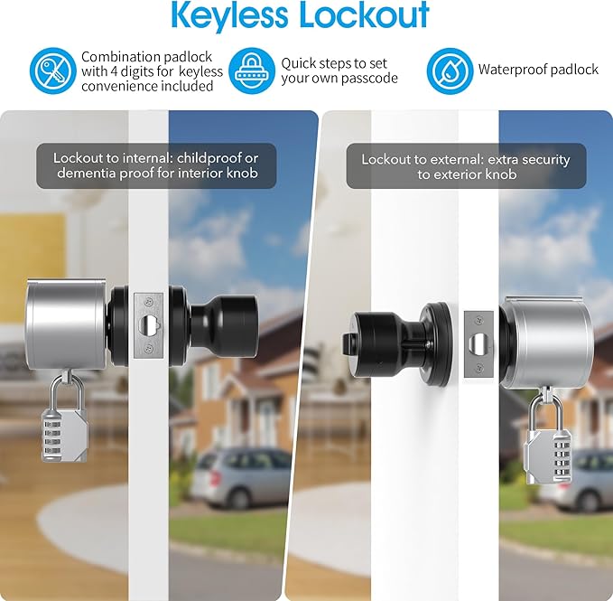 AST Door Knob Lockout Device with Passcode Padlock, Childproof Door Knob Cover, Lock Out to Smart Doorknob. Safety Cover for Faucet, Valve, Spigot. Prevent Access to Keyhole, Matte Silver