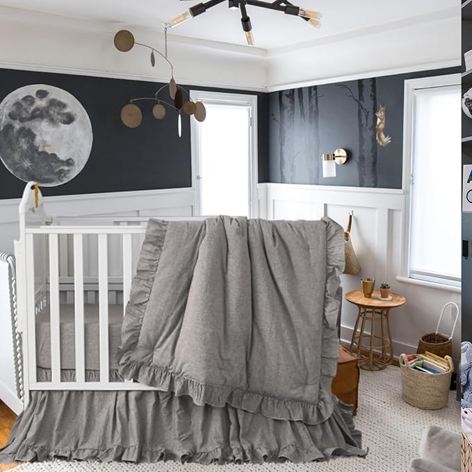 Brandream Crib Bedding Set 3 Pieces Ultra Soft 100% Cotton Bohemian Neutral Solid Grey Crib Comforter, Crib Sheet, Crib Skirt, Farmhouse Chic Ruffle Baby Girl Boys Nursery Bedding