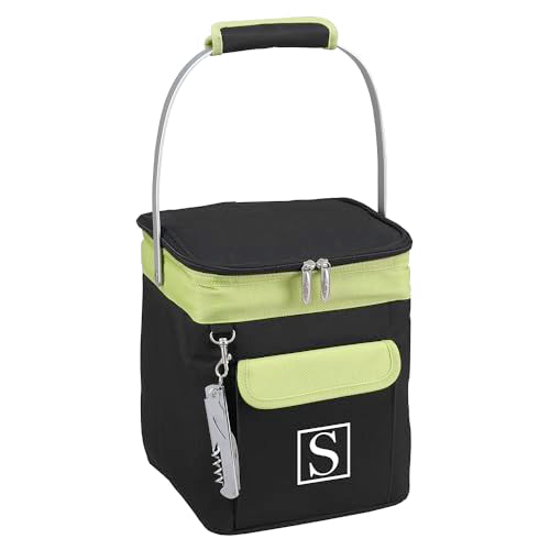 Picnic at Ascot Personalized Monogrammed 4 Bottle Insulated Wine Tote- Collapsible Multi Purpose Cooler - style: Letter - S