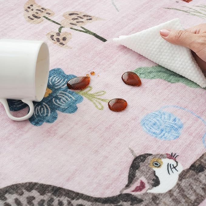 Rugcomf Area Rugs 8x10 Rug for Living Room Clearance Washable Boho Area Rug Non Slip Floral Animal Cat Vintage Low Pile Large Rug for Living Room Bedroom Farmhouse Dining Room Kids Playroom, Pink