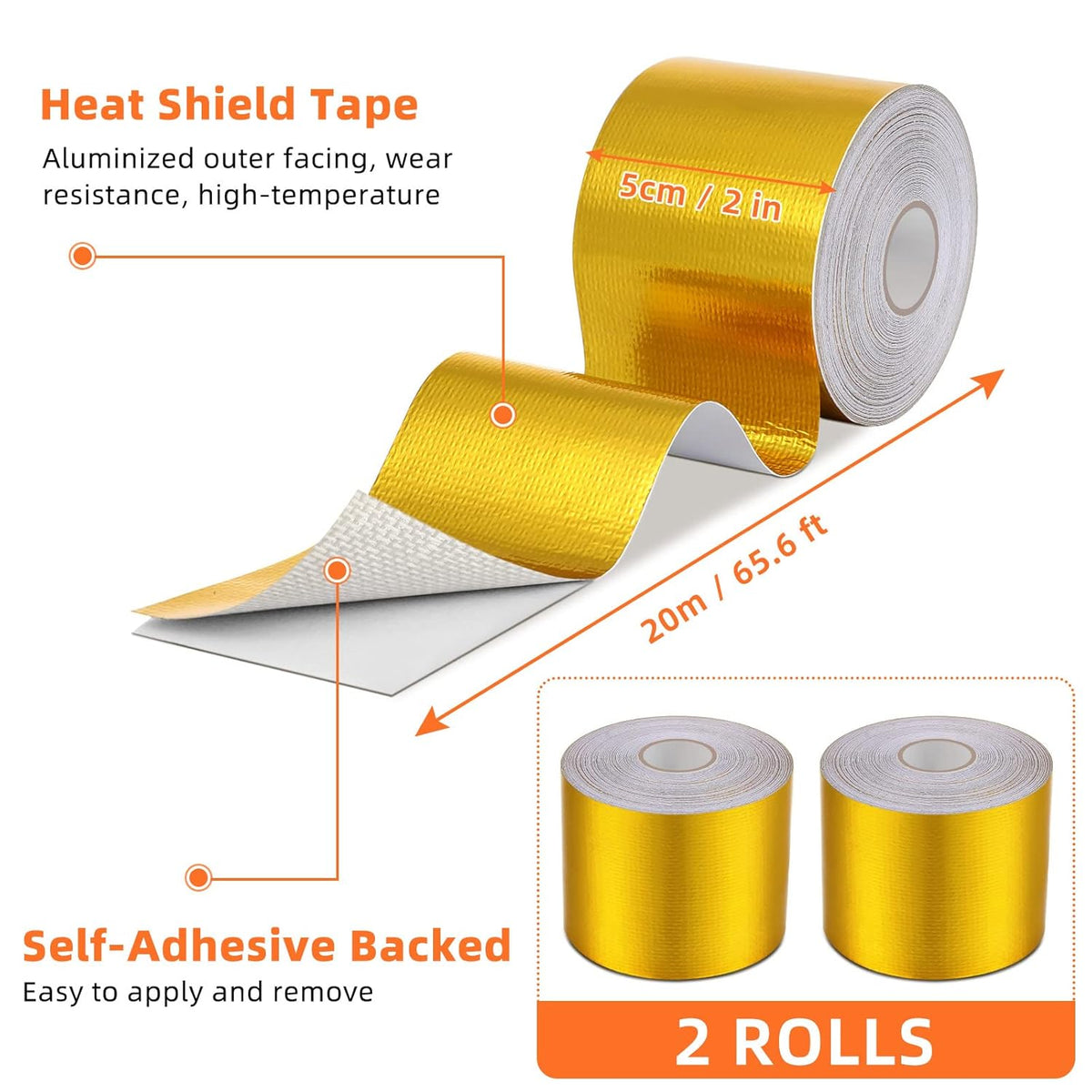 Zonon 2 Rolls Aluminum Foil Tape Heat Shield Tape Barrier Adhesive Reflective Fiberglass Thermal Insulation Reflective Material High Temp Protection(Gold,2 Inch X 65.6 ft)
