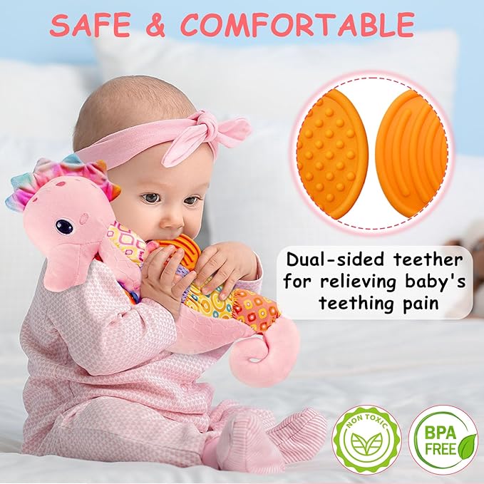 Fuzqq Baby Girl Toys 0-6 Months,Musical Stuffed Animal Plush Toy with Rattle,Soft Newborn Toy for 0 3 6 9 12 Months Girls,Baby Girl Gift,Pink