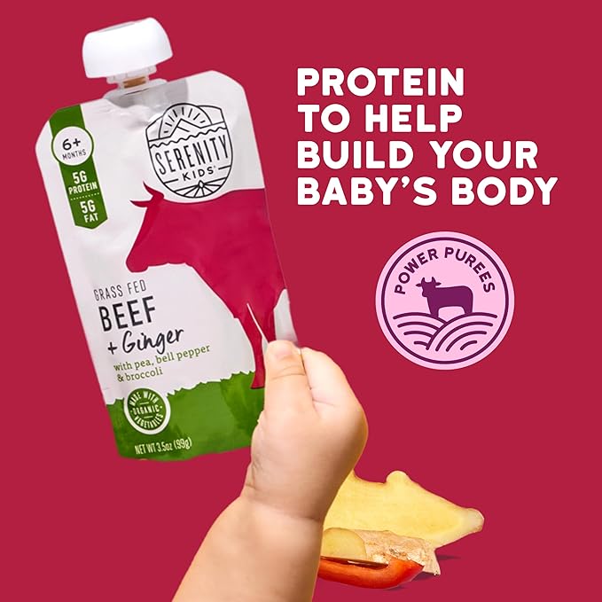 Serenity Kids 6+ Month Organic Beef & Veggie Baby Food Pouches - Grass-Fed Beef with Organic Pea, Bell Pepper & Broccoli - BPA-Free Baby Puree Pouch - 3.5 Oz, 12 Pack